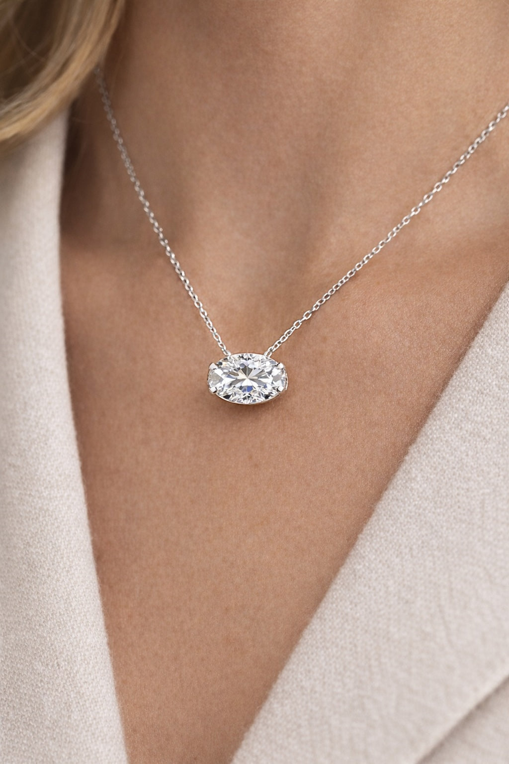 1.0 CT Oval Lab Grown Diamond Solitaire Pendant in 14K White Gold – worn on neck