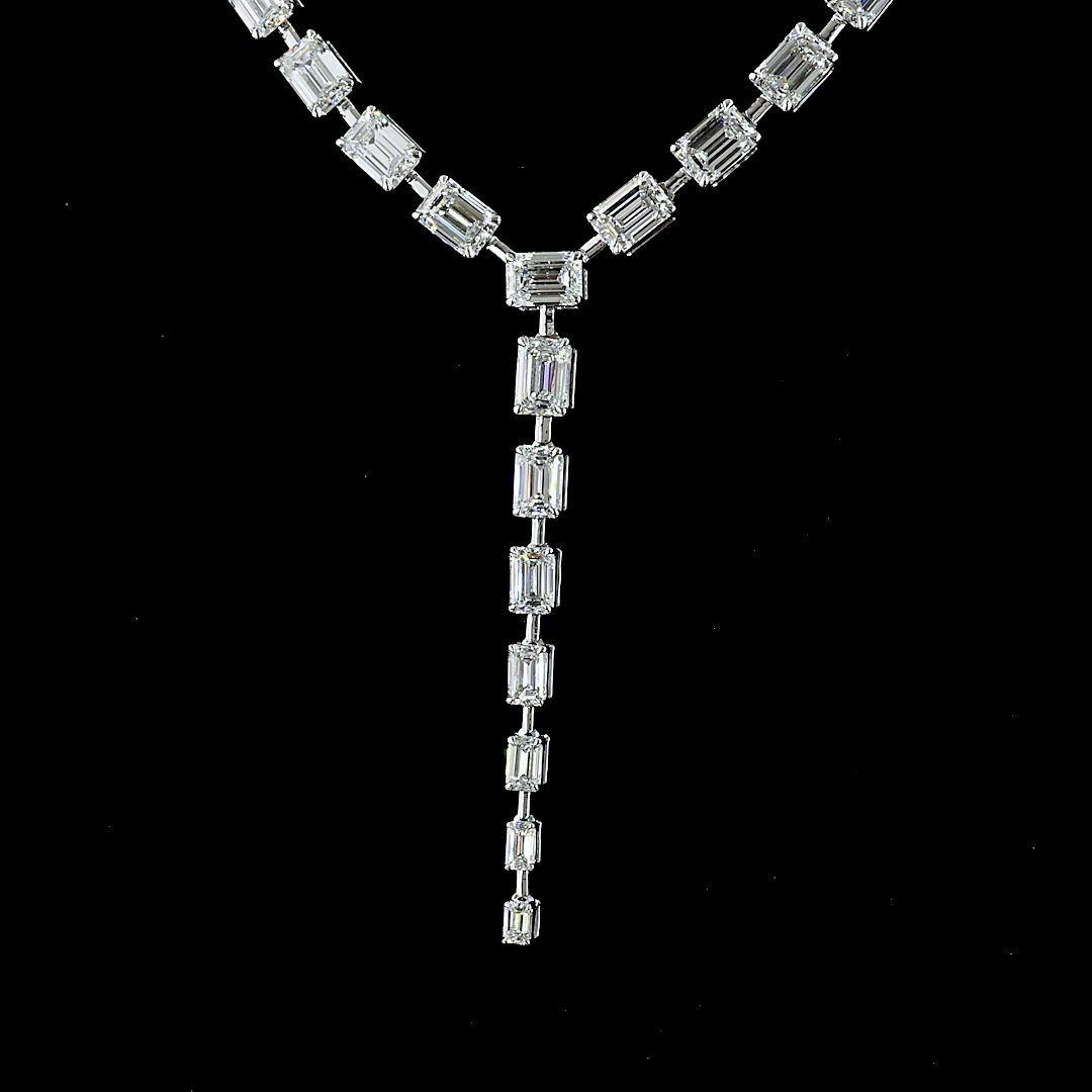 25.03 CT Emerald Lab Grown Diamond Lariat Necklace in 14K White Gold – close-up