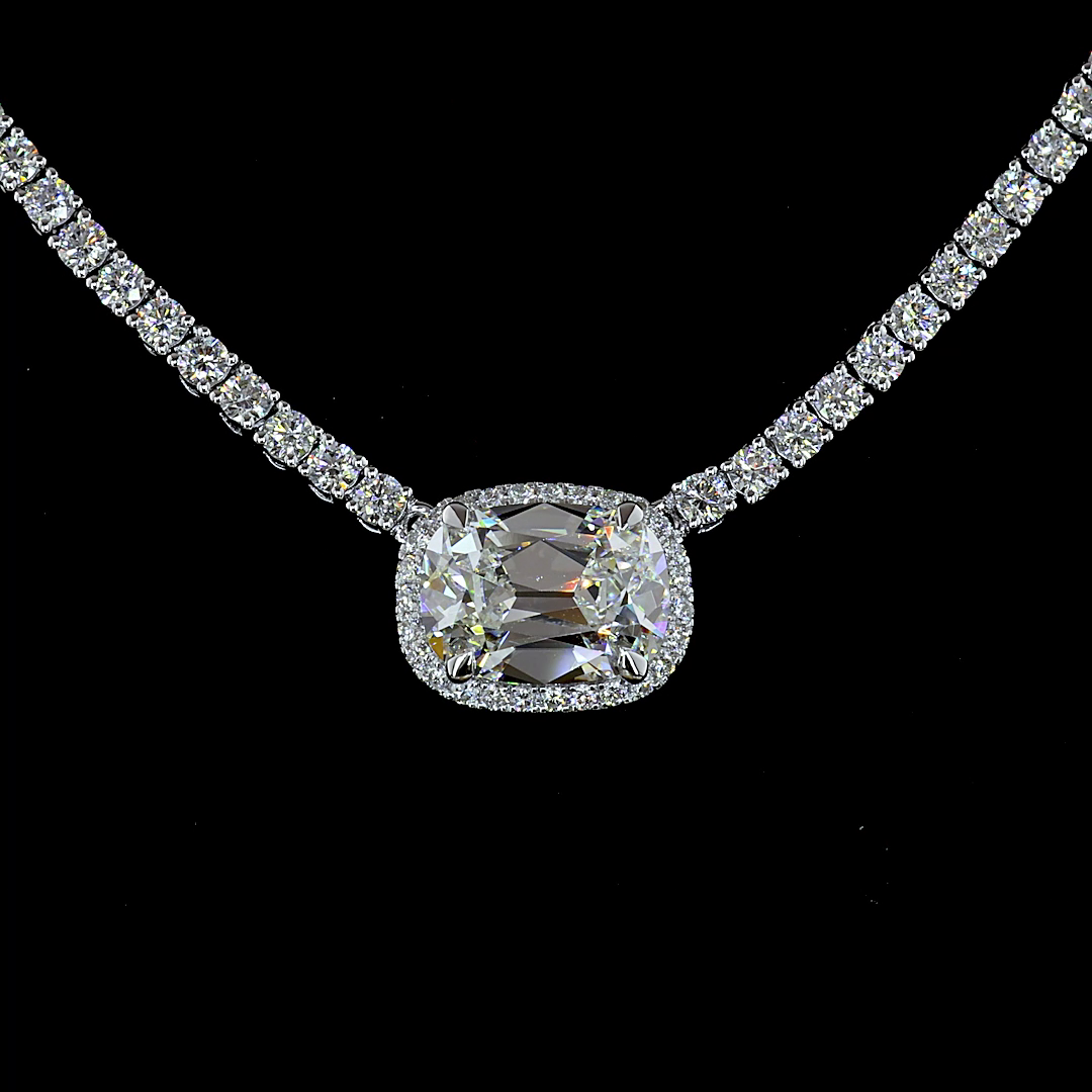 7.05 CT Antique Cushion Lab Grown Diamond Statement Necklace in 14K White Gold – close-up