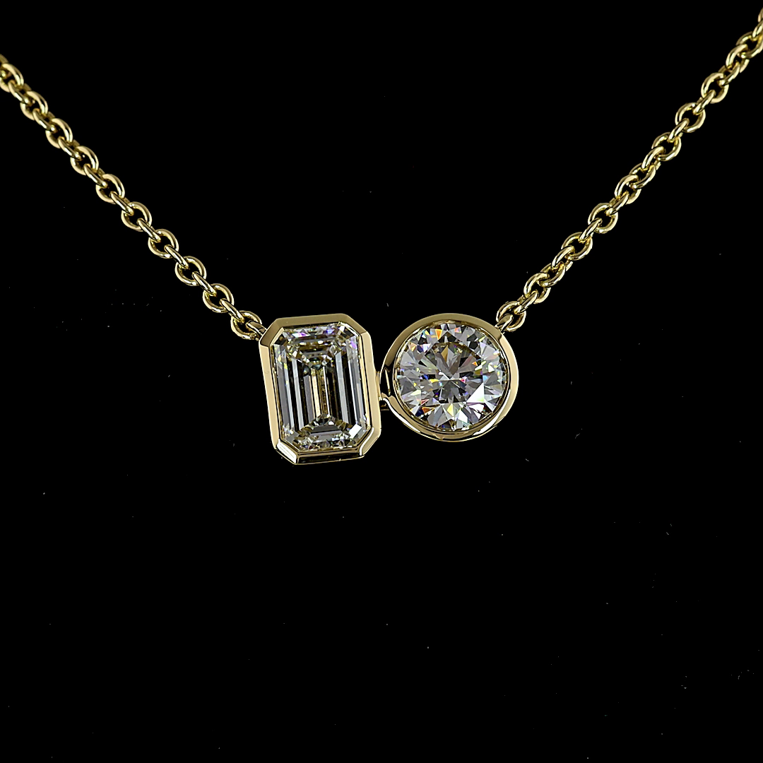 2.22 CT Emerald Lab Grown Diamond Toi et Moi Pendant in 14K Yellow Gold – close-up