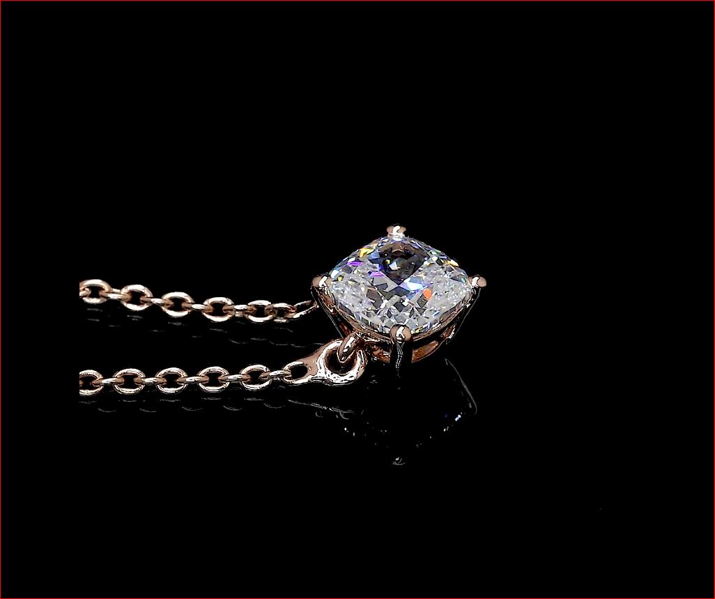 0.76 CT Cushion Lab Grown Diamond Solitaire Pendant in 14K Rose Gold – side view
