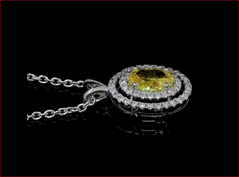 0.89 CT Oval Lab Grown Diamond Double Halo Pendant in 14K White Gold – side view